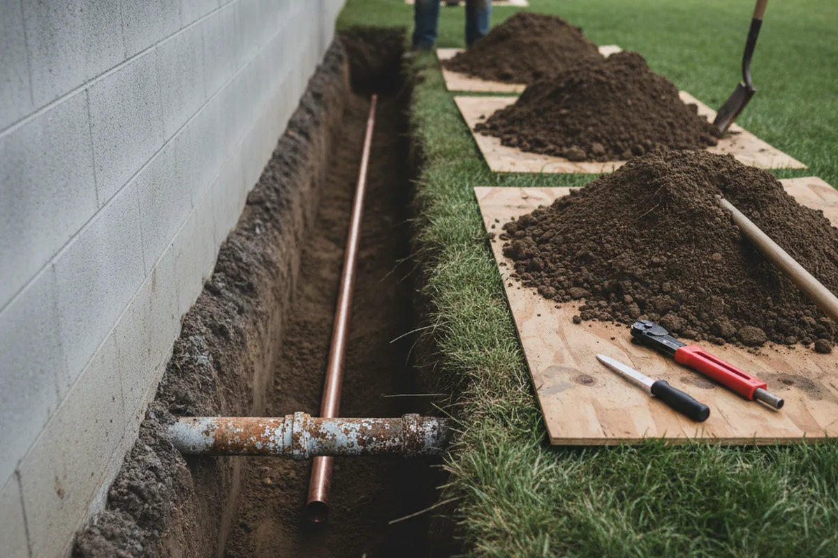 Excavated water line trench during Water Heater Repair in Sparta